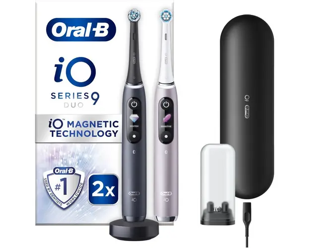 Set 2 x Periuta de dinti electrica Oral-B iO9 cu Tehnologie Magnetica si Micro-Vibratii, Inteligenta artificiala, Display led, Senzor de presiune Smart, Timer vizibil, 7 moduri, 1 incarcator magnetic, 1 Trusa de calatorie cu incarcator, Negru/Roz