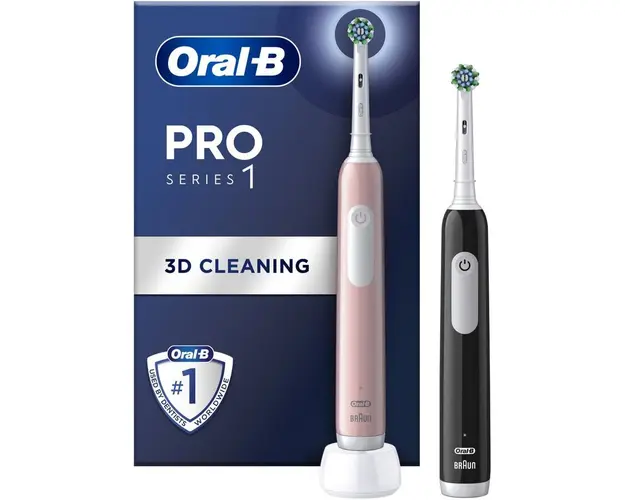 Set 2x Periuta de dinti electrica Oral-B Pro 1, Curatare 3D, 1 program, 1 capat de periaj, trusa de calatorie, Negru/Roz