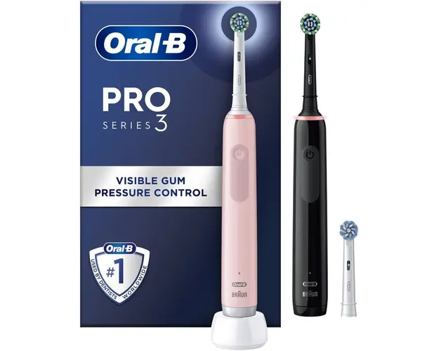 Set 2x Periuta de dinti electrica Oral-B Pro 3 Cross Action, Curatare 3D, 3 programe, 1 capat, Negru/Roz