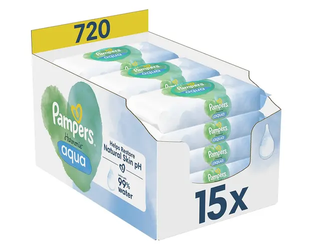Servetele umede Pampers Harmonie Aqua, 0% plastic, 15 pachete x 48, 720 buc