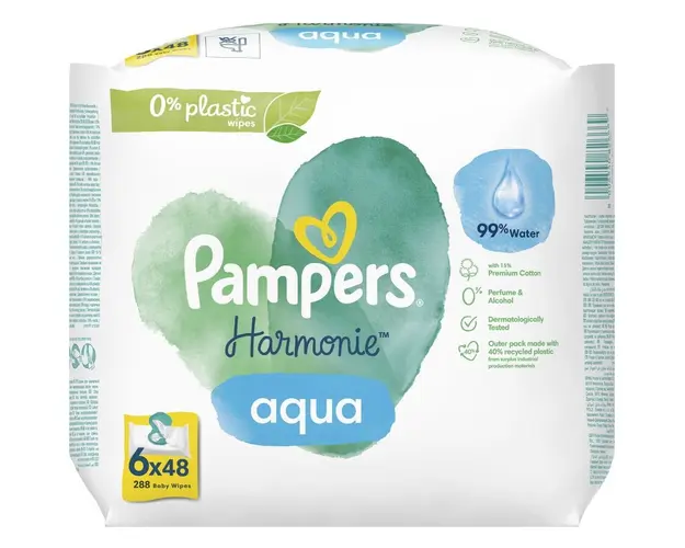 Servetele umede Pampers Harmonie Aqua, 0% plastic, 6 pachete x 48, 288 buc