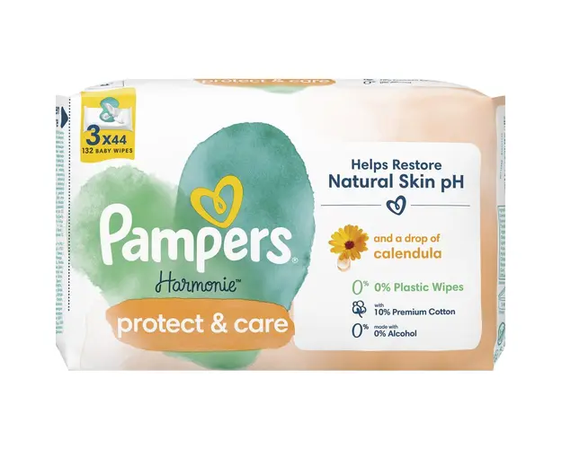 Servetele umede Pampers Harmonie Protect &amp; Care cu galbenele, 3 pachete x 44, 132 buc