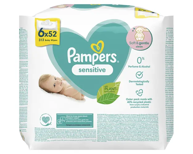 Servetele umede Pampers Sensitive, 6 pachete x 52, 312 buc
