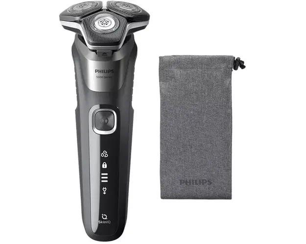 Aparat de barbierit Philips Seria 5000 S5887/10, barbierit umed/uscat, tehnologie SkinIQ, fara fir, capete flexibile 360, display LED, senzor Power Adapt, lame auto-ascutire, lama de tuns integrata, 60 min, husa, Gri carbon