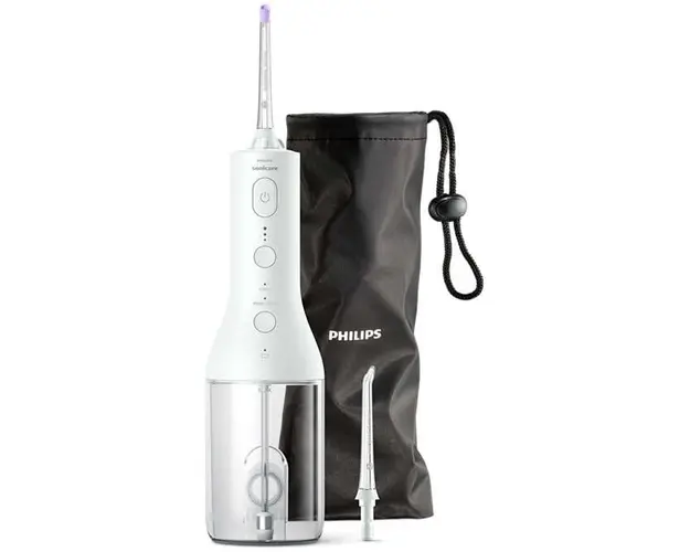 Aparat de curatare interdentara Philips Sonicare Power Flosser HX3826/31, tehnologie QuadStream, 2 capete de curatare, 2 moduri de curatare, husa, Alb