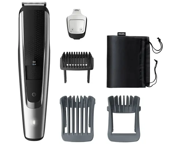 Aparat de tuns barba Philips BT5522/15, Lame din otel inoxidabil 0.4-20mm, Lame metalice cu auto-ascutire, Utilizare fara fir 120 min/incarcare 1 h, Pieptene Lift &amp; Trim, 2 piepteni reglabili, Indicator baterie, husa, Argintiu/Negru