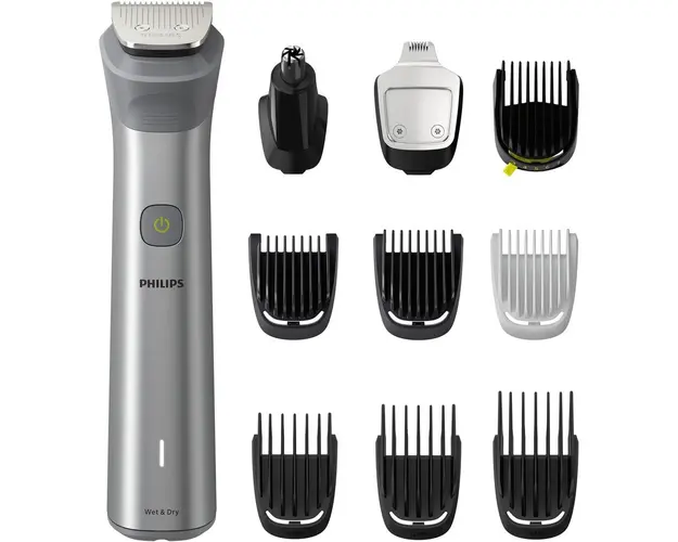 Aparat de tuns barba si parul 10 in 1 Philips Multigroom All in One MG5920/15, tehnologie BeardSense, lame din otel cu auto-ascutire, 11 setari de lungime, rezistent la apa, husa, Negru / Argintiu