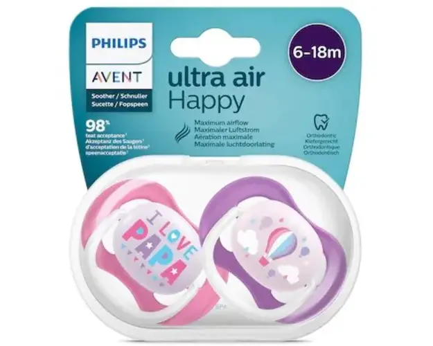 Set 2 suzete Philips Avent SCF080/04 Ultra Air, 6-18 luni, Roz/Mov
