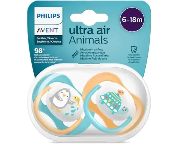 Set 2 suzete Philips-AVENT Ultra Air SCF080/07, ortodontica, 6-18 luni, Albastru/Galben