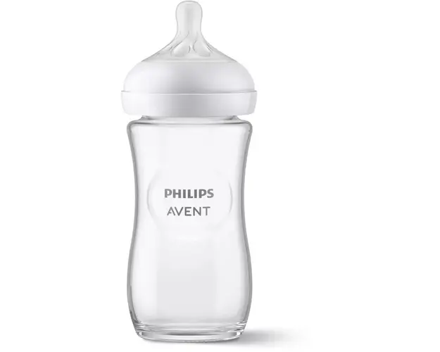 Biberon din sticla Philips Avent Natural Response SCY933/01, 240 ml, tetina care functioneaza ca sanul mamei, cu debit 3, tetina fara scurgeri, +1 luni, fara BPA
