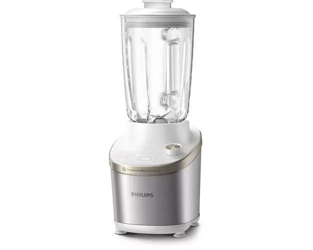 Blender de mare viteza Philips HR3760/01, 1500 W, vas de sticla capacitate 2 l, corp din metal alb, 4 lame zimtate, setari de viteza variabila, presetare si functie impuls, ecran LED si buton