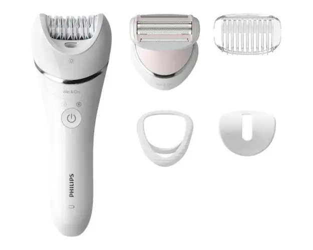 Epilator umed si uscat Philips BRE710/00, 5 accesorii, 32 pensete, utilizare fara fir, 2 setari viteza, opti-light, discuri ceramice, Argintiu
