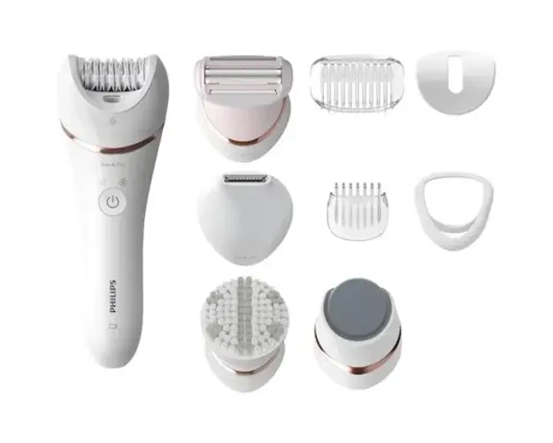 Epilator umed si uscat Philips BRE740/10, 9 accesorii, 32 pensete, utilizare fara fir, 2 setari viteza, opti-light, discuri ceramice, Argintiu