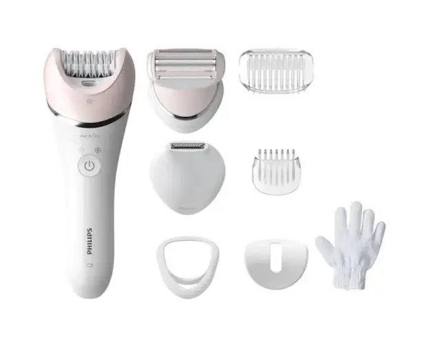 Epilator umed si uscat Philips Seria 8000 BRE721/00, 8 accesorii, 32 pensete, utilizare fara fir, 2 setari viteza, opti-light, discuri ceramice, Argintiu