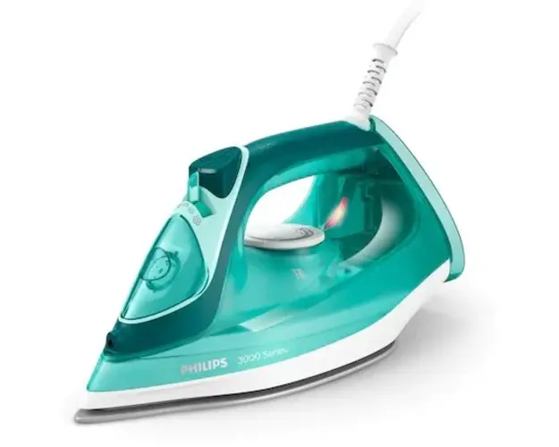 Fier de calcat Philips Seria 3000, putere 2400W, jet continuu de abur 40g/min, culoare turcoaz, rezervor de apa 300ml, talpa ceramica, oprire automata.