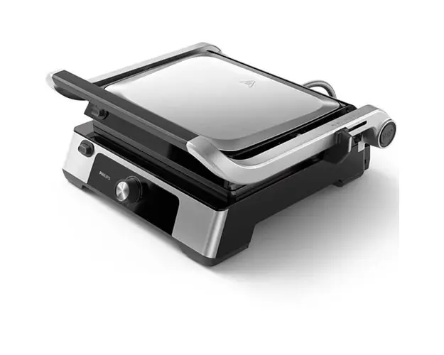 Gratar electric HD6301/90 Seria 5000, 2200 W, inaltime reglabila, temperatura reglabila, curatare usoara, placi antiaderente detasabile, se deschide la 180, tava de scurgere detasabila, maner cu dispozitiv de blocare