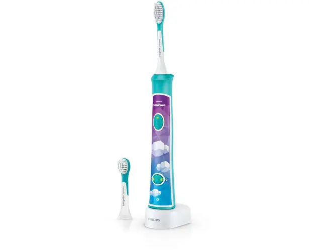 Periuta de dinti electrica Sonicare For Kids HX6322/04, Bluetooth® cu aplicatie de consiliere, 2 capete de periere, 2 programe de periere, 8 etichete de personalizare, alb/albastru