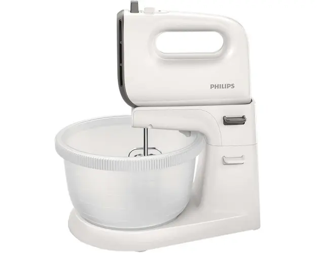 Mixer de mana Viva Collection HR3745/00, 450 W, bol actionare automata, 5 viteze, functie Turbo, alb/gri