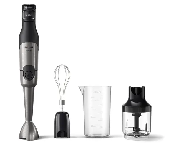 Mixer vertical HR2683/00, 1200 W, Tehnologie SpeedTouch, Aparatoare impotriva stropirii pentru lama, Indicator de viteza cu LED, Accesorii tel si tocator, negru/argintiu