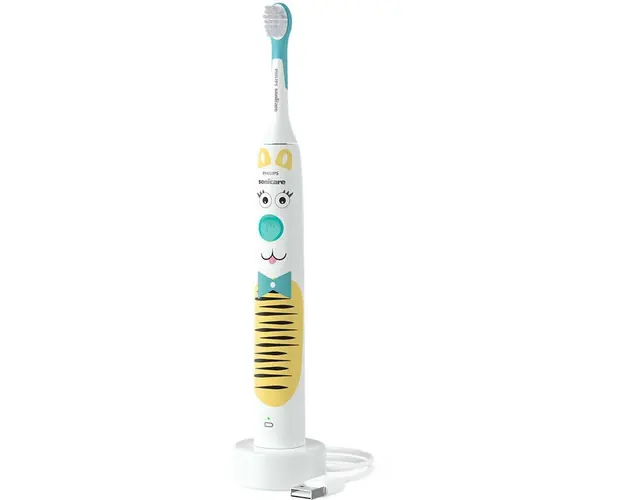 Periuta electrica sonica Philips Sonicare Kids HX3601/01, 2 intensitati, conectivitate la aplicatie, 1 capat de periere, aplicatie de consiliere, stickere, Alb/Bleu