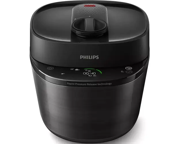 Philips All-in-One MultiCooker cu gatire sub presiune HD2151/40, 1000W, capacitate 5l, 35 programe pre setate, gatire rapida, eliberarea presiunii, personalizarea etapelor de gatit, app NutriU, Negru