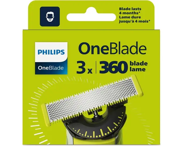 Rezerva OneBlade 360, QP430/50, otel inoxidabil, umed si uscat, kit 3 lame,compatibil cu Philips OneBlade si OneBladePro, Verde