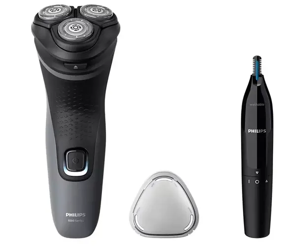 Aparat de ras electric S1142/02, Capete 4D flexibile, 40 min, capac de protectie, + Aparat de tuns parul din nas