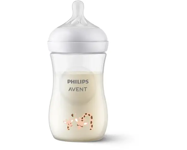 Biberon Philips Avent Natural Response SCY903/66, 260 ml, tetina care functioneaza ca sanul mamei, cu debit 3, tetina fara scurgeri, +1 luni, model deco girafe, fara BPA, usor de curatat