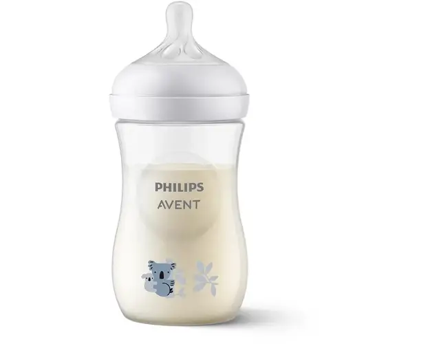 Biberon Philips Avent Natural Response SCY903/67, 260 ml, tetina care functioneaza ca sanul mamei, cu debit 3, tetina fara scurgeri, +1 luni, model deco ursi koala, fara BPA, usor de curatat
