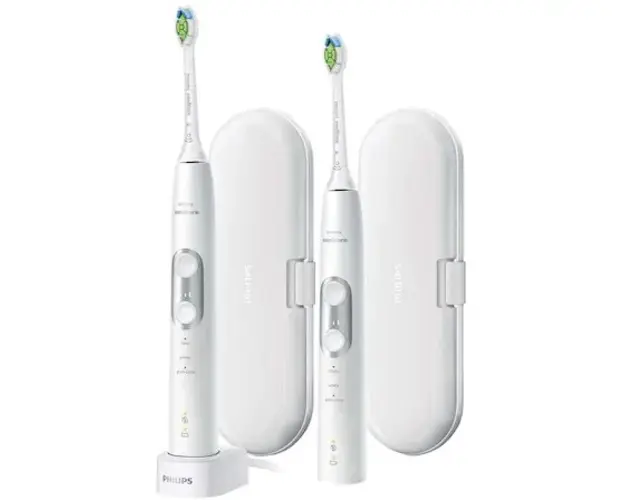 Set 2 Periute de dinti electrice Philips Sonicare ProtectiveClean HX6877/34, 2 manere, 3 moduri, 2 functii BrushSyn, 2 capete de periere, Numar de miscari/minut 62000, senzor de presiune integrat, Alb/Argintiu