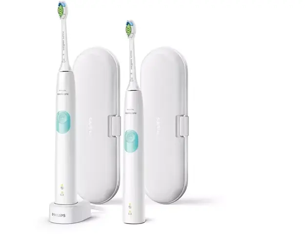 Set 2 Periute electrice de dinti Philips Sonicare ProtectiveClean 4300 HX6807/35, 62000 miscari/minut, Senzor de presiune integrat, 1 mod de curaţare, tehnologie BrushSync, tocuri de transport, Alb