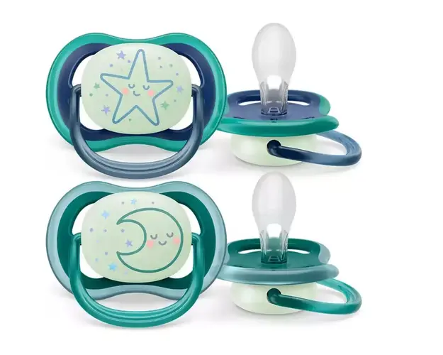 Set 2 suzete Philips-Avent SCF376/13, ultra air NightTime 6-18 luni, Ortodontice, fara BPA, Fosforescent, Stea/Luna