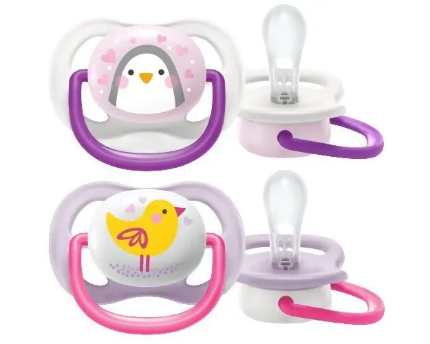Set 2 suzete Philips-Avent Ultra Air SCF080/06, ultra air 0-6 luni, Ortodontice, fara BPA, Pinguin/Pasare, Mov/Roz