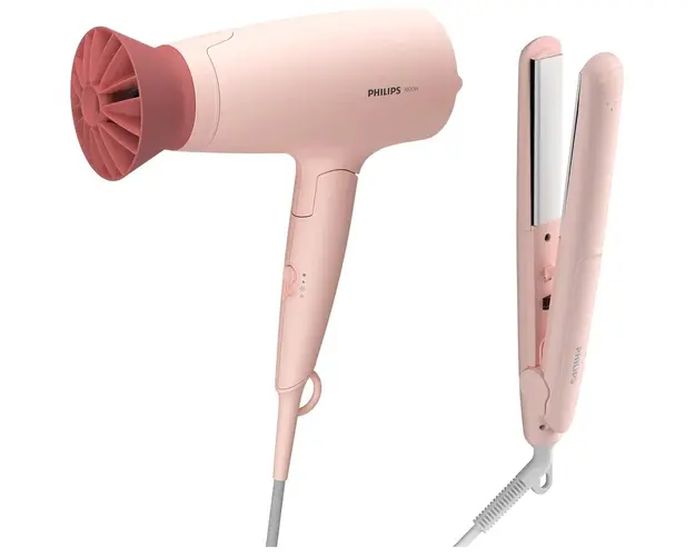Set de coafat Philips BHP398/00, 1600W, accesoriu Thermo Protect, 3 setari de viteza/temperatura, cap de coafare 14 mm, placi cu infuzie de cheratina, Roz piersica
