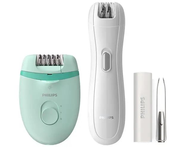 Set epilator Philips Satinelle BRP529/00, 2 setari de viteza, tehnologie Opti-light, mini epilator inclus, penseta cu lumina si oglinda integrate, Turcoaz