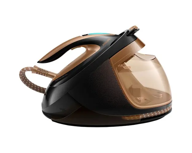 Statie de calcat Philips PerfectCare Elite Plus GC9682/80, 2700 W, talpa T-ionicGlide, 165 g/min, jet de abur vertical, tehnologie OptimalTEMP, negru/auriu