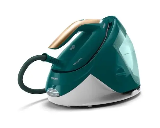 Statie de calcat Philips seria Perfect Care 7000, tehnologie DynamiQ si Optimal Temp, presiune maxima 8 bari, putere 2100W, jet de abur 120g/min,culoare verde, functie Easy De-calc plus, talpa fier SteamGlide Elite, rezervor de apa 1.8L detasabil