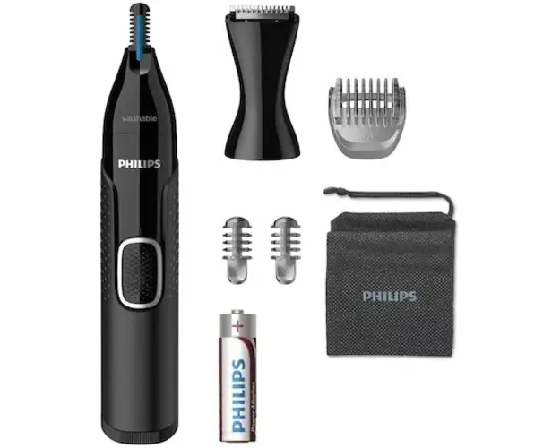Trimmer pentru nas/urechi Philips NT5650/16, baterie, lavabil, utilizare umed si suscat, tehnologie Precision Trim, otel inoxidabil, pieptene pentru sprancene, 2 piepteni 3-5 mm, Negru