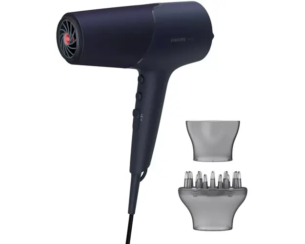 Uscator de par Philips BHD510/00, 2300W, tehnologie ThermoShield, ingrijire cu ioni, 2 setari de viteza, 3 setari de temperatura, difuzor, cap de coafare 11 mm, Albastru inchis metalizat