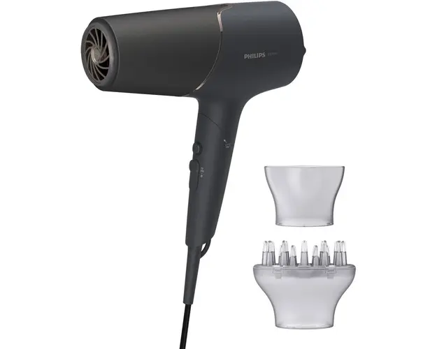 Uscator de par Philips BHD538/30, 2300W, tehnologie ThermoShield, ingrijire cu ioni, 3 setari de temperatura, 2 setari de viteza, difuzor, cap de coafare 11 mm, Negru/Roz