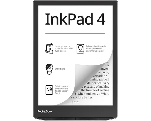 eBook Reader PocketBook InkPad 4 PB743G, ecran tactil 7.8 E Ink Carta™ 1200, 300dpi, 32GB, SMARTlight, G-sensor, Bluetooth&amp;WiFi, Argintiu