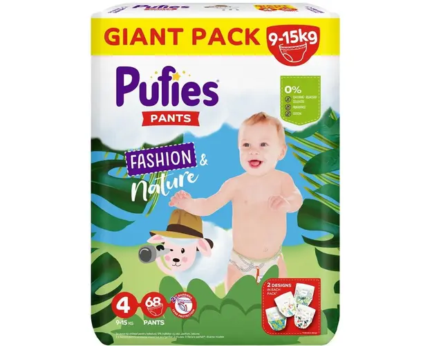 Scutece-chilotel Pufies Fashion&amp;Nature, Marimea 4, 9-15 kg Maxi, 68 buc, Giant pack