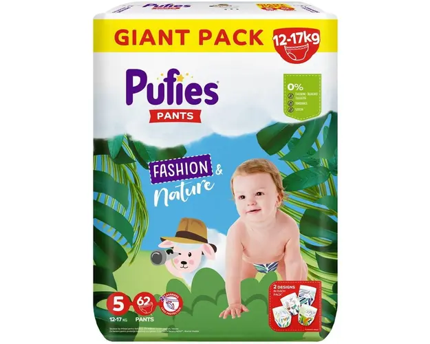 Scutece-chilotel Pufies Fashion&amp;Nature, Marimea 5 Junior, 12-17 kg, 62 buc, Giant pack