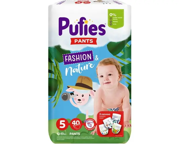 Scutece-chilotel Pufies Pants Fashion &amp; Nature, 5 Junior, 12-17 kg, 40 buc