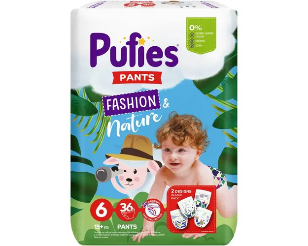 Scutece-chilotel Pufies Pants Fashion &amp; Nature Extra Large, Marimea 6, 15+ kg, 36 buc