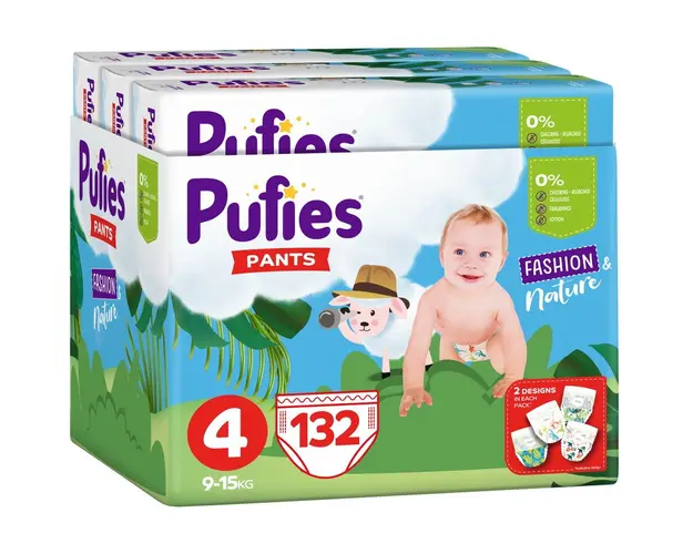 Scutece-chilotel Pufies Pants Fashion&amp;Nature Maxi, Marimea 4, 9-15 kg, 132 buc