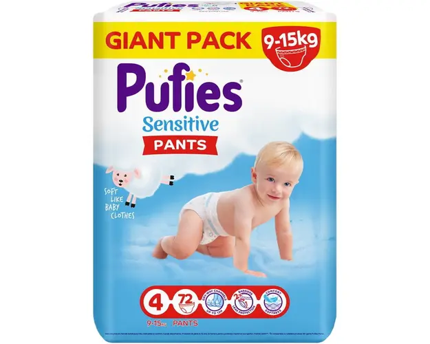 Scutece-chilotel Pufies Sensitive, Marimea 4 Maxi, 9-15 kg, 72 buc, Giant pack