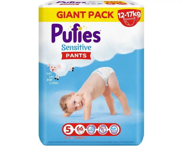 Scutece-chilotel Pufies Sensitive, Marimea 5 Junior, 12-17 kg, 66 buc, Giant pack