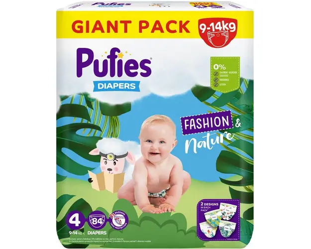 Scutece Pufies Fashion&amp;Nature, Marimea 4 Maxi, 9-14 kg 84 buc,Giant Pack