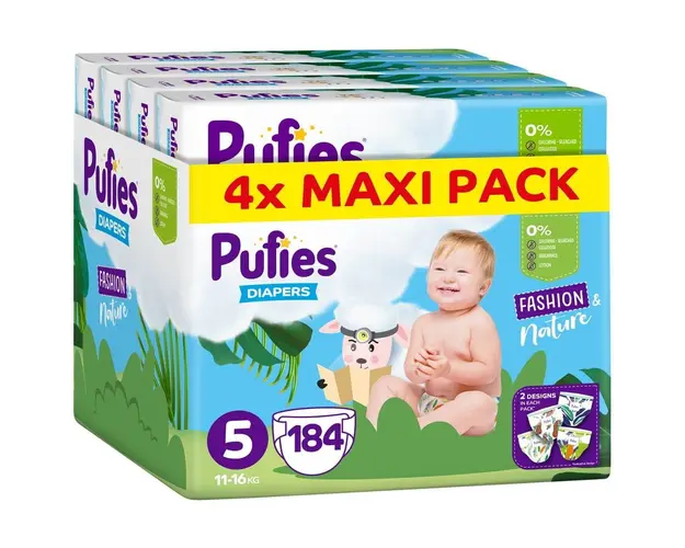 Scutece Pufies Fashion &amp; Nature, Marimea 5 Junior, 11-16 kg, 184 buc
